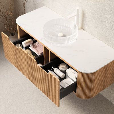 Meuble-lavabo flottant 48 po avec lavabo en verre cristal blanc, armoire de rangement, 2 tiroirs, pré-assemblé