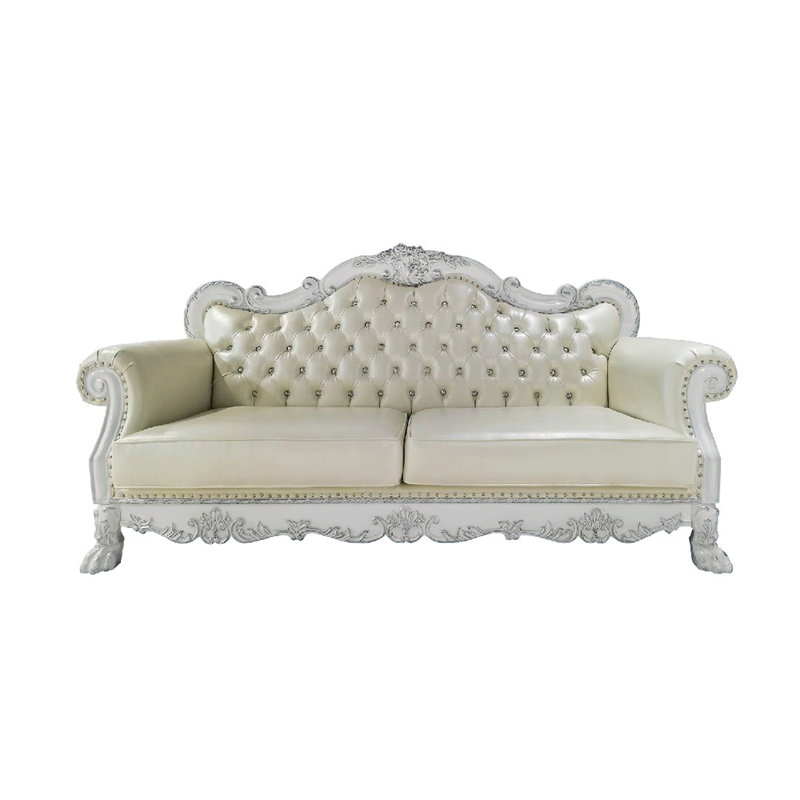 Faux Leather And Wood Sofa With Tufted Backrest In Bone White