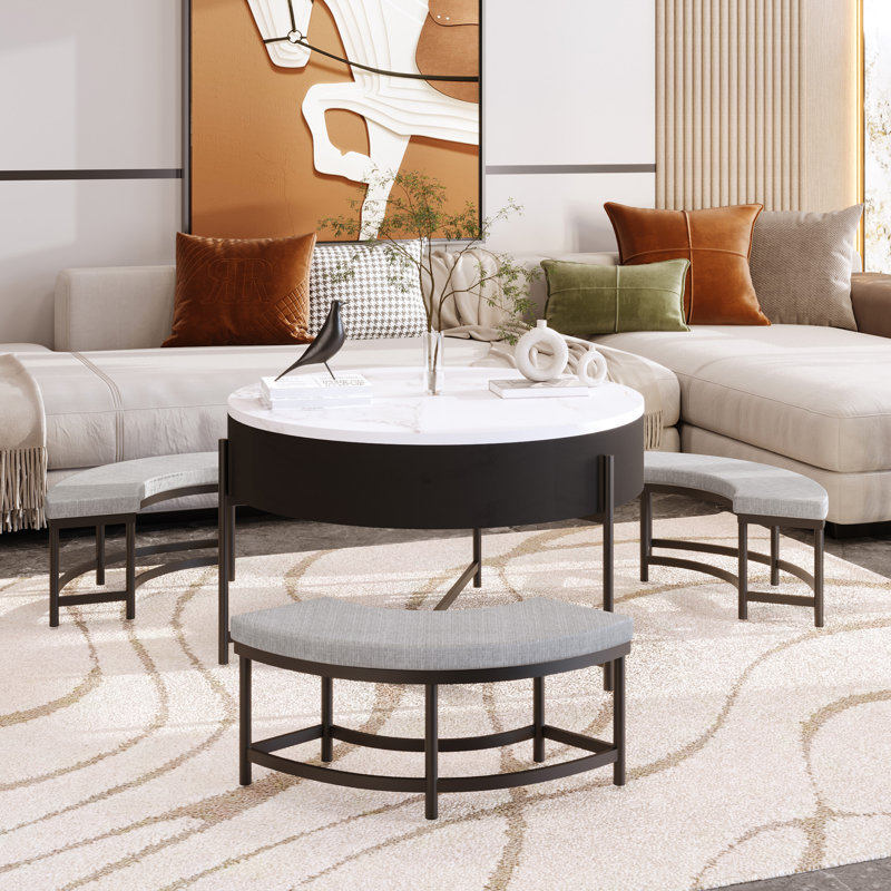 Table basse moderne à plateau relevable avec rangement et 3 repose-pieds blanc et noir, H 25 po x L 31,5 po x l 31,5 po, Noir
