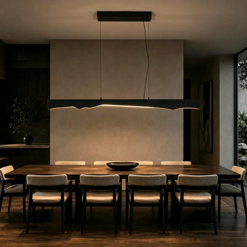 Luminaire suspendu linéaire moderne à 1 lumière pour îlot de cuisine avec détails en bois