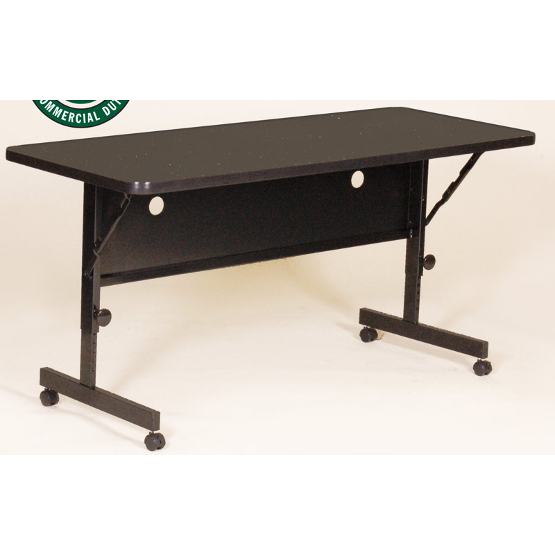 Kham Rectangle Height Adjustable Flip Top Training Table with Casters and Modesty Panel and Cable Management, Black Granite