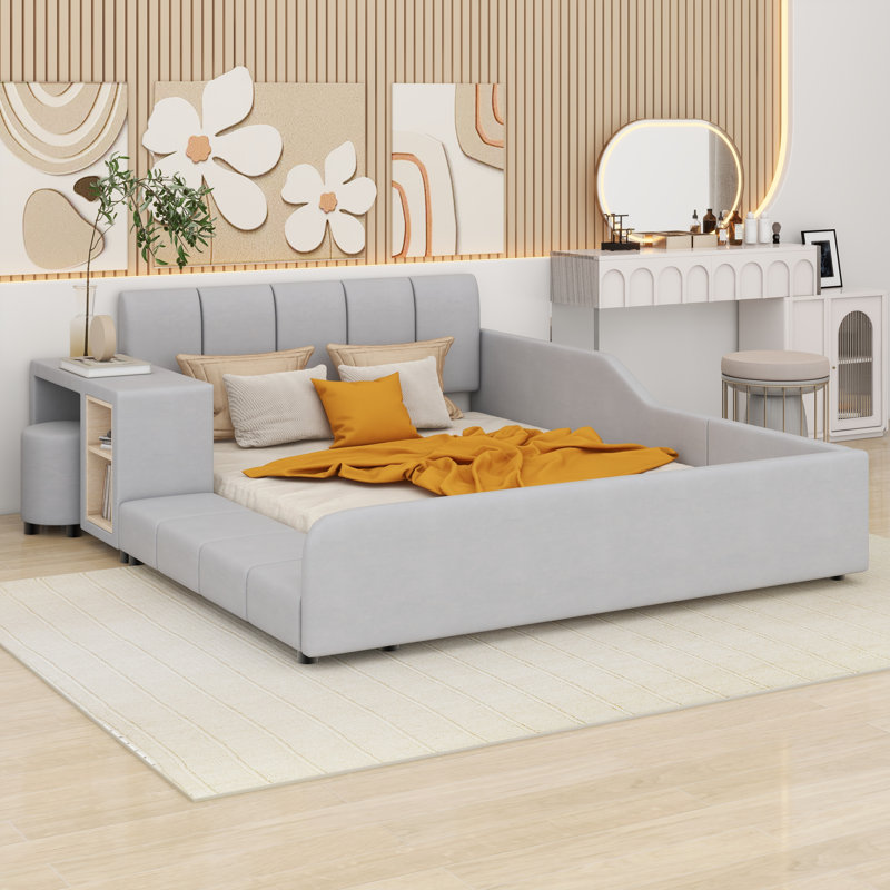 Lit plateforme tapissier avec rangement Leavie, gris, Double