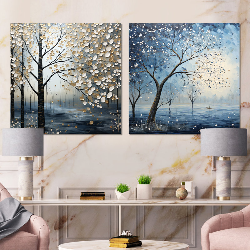 «Blue Forest Tranquility In Winter I», ensemble de 2 impressions sur métal forêt, H 29 po x l 58 po