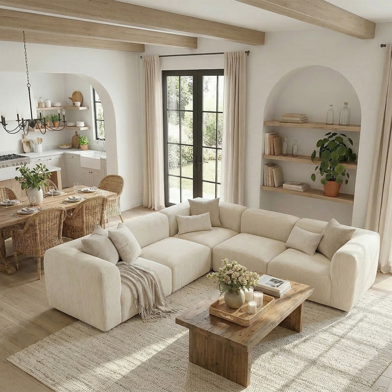 Confesor Chenille Modern L-Shaped Sectional Sofa, Beige Chenille