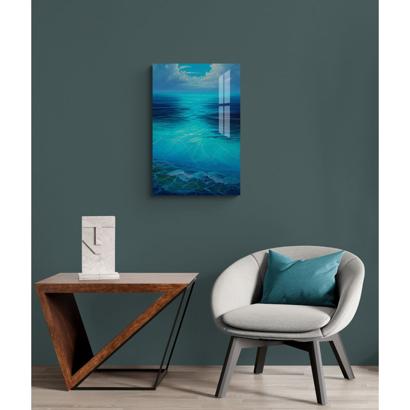 Décoration murale en verre trempé bleu mer et ciel, impression d'art moderne paysage sur verre, H 29,5 po x l 19,5 po