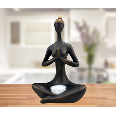 Yoga Woman Namaste Pose Candle Holder – Black Gold, Polystone, Handmade