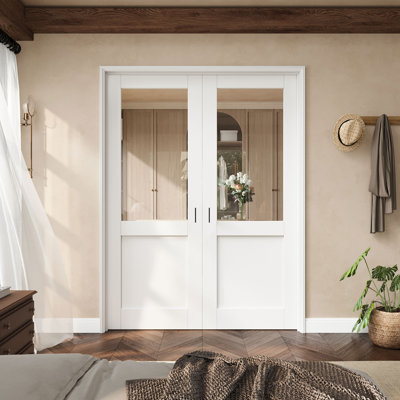 64" X 80" Half-Lite Clear Glass French Door With Black Hinges, Clear Glass Door Slab With Frame, French Interior Door As Pantry Door, Bedroom Door, Laundry Door, Closet Doors, Room Doors, Ball Catch & Door Handle Included