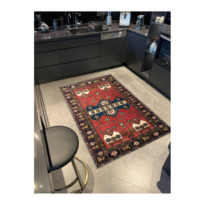 Tapis bleu tissé traditionnel lavable à la machine, Sous-tapis rectangulaire de 3 pi 3 po x 4 pi 11 po