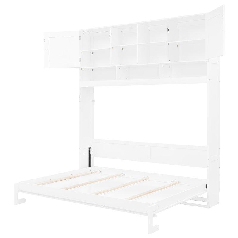 Queen Bed Of White, Wall - Mounted With Stripes, Large Storage, And 6 8 Inch Mattress Compatibility White Size Decorative Panels, Functional 600 Lbs Support