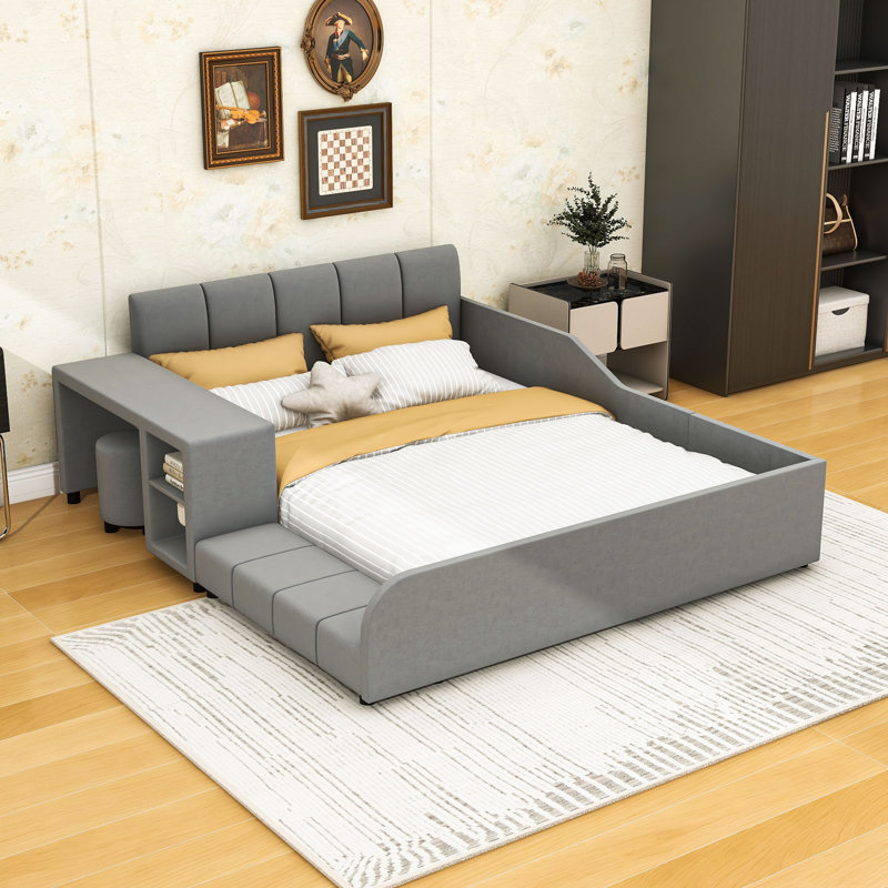 Lit plateforme tapissier luxueux en velours avec bureau, tabouret rond et rails de sécurité, Double, Gray
