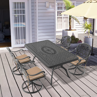 Ensemble de salle à manger 5 pièces en aluminium coulé résistant aux intempéries, comprenant 4 chaises pivotantes et une table rectangulaire avec cadre noir