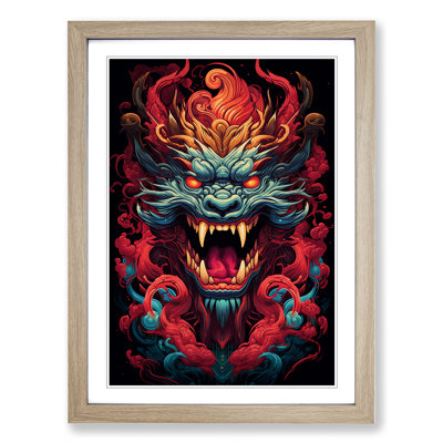 Chinese Dragon Geometric No.2 - Single Picture Frame Print on Wood