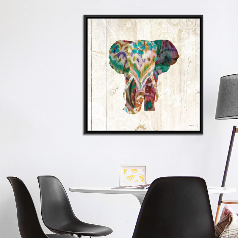 «Boho Paisley Elephant III», impression sur toile, H 18 po x l 18 po x P 1,5 po, Pas de tapis, Toile avec cadre noir