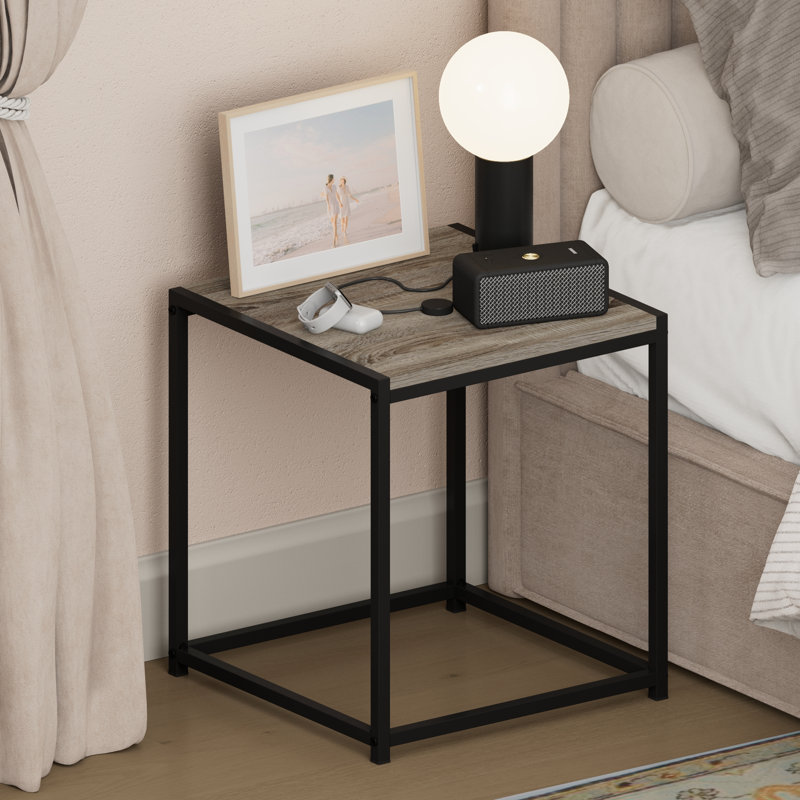 Furinno CAMNUS Night Stand, Metal Frame Nightstand, Toolless Side Table, End Table, Bedside Table, for Living Room, Bedroom, French Oak Grey