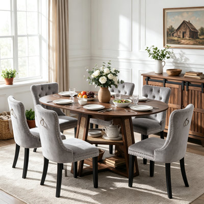 Ensemble de table et de chaises ovales rondes extensibles (43" à 59") pour 6 personnes, comprenant une table ovale de 7 pièces avec une tablette de rangement et des chaises rembourrées. Économisez de l'espace, style ferme moderne.