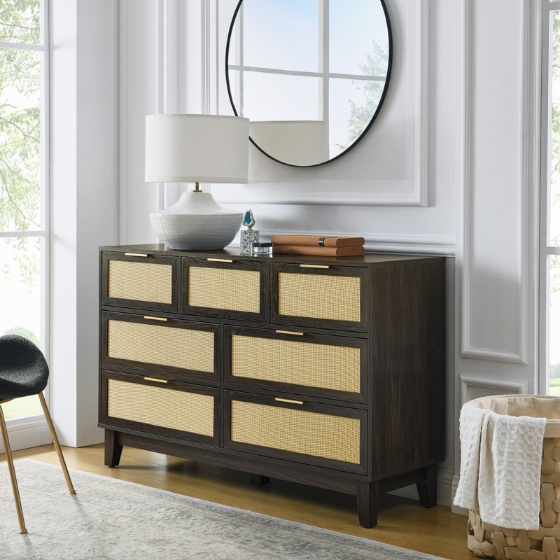 Commode 7 tiroirs avec rotin pour chambre à coucher