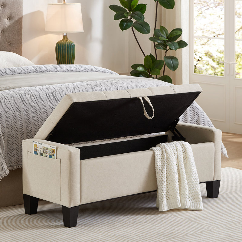 2-Seat Storage Ottoman Bench Entryway Bedroom Soft Beige Linen 45-Inch With 350 Lbs Weight Capacity, Cream