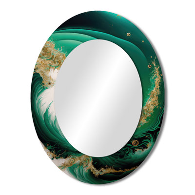 Pratyusha Emerald Green And Gold Abstract Waves III - Abstract Spirals Decorative Mirror, Green Wall Mirror, Printed Metal Art