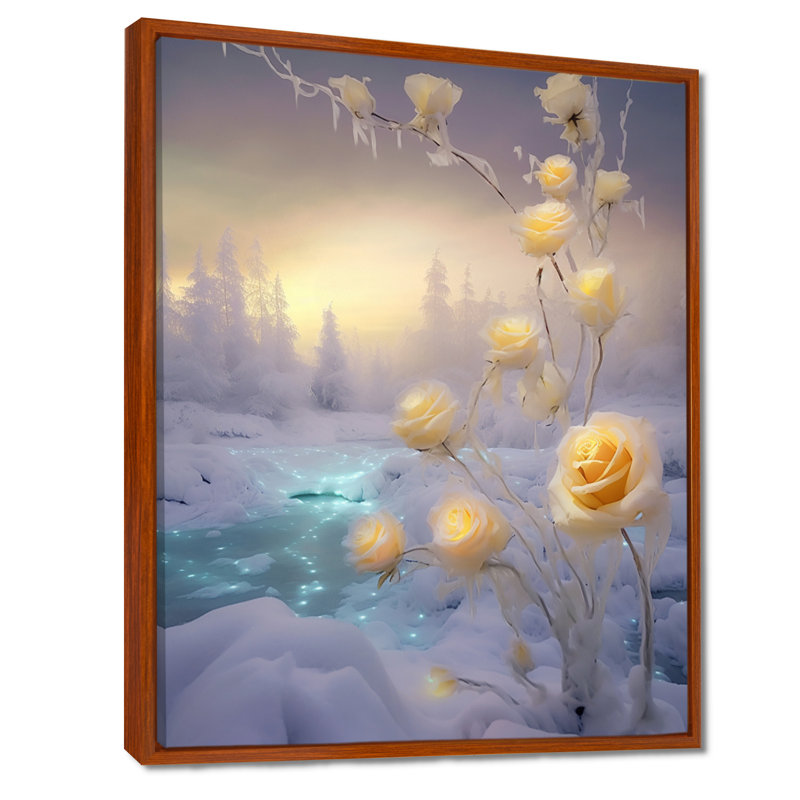 Jaune jaune, coucher de soleil et champ d'hiver brillant - roses, art mural, Toile avec cadre flottant brun