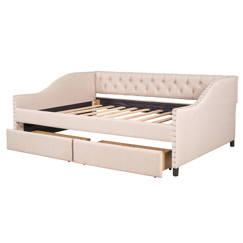 Upholstered Daybed With Two Drawers, Wood Slat Support, Beige, Full Size(OLD SKU :LP001111AAA), Beige