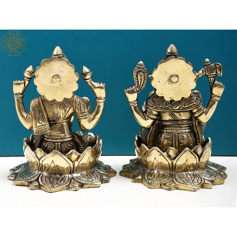Petite statue de Lakshmi Ganesha en laiton de 5 po - divinités bénies faites à la main, assis sur un lotus pour un autel spirituel et un décor de prospérité