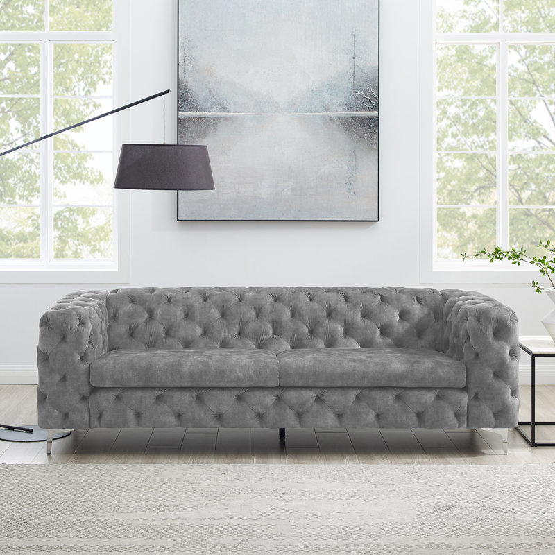 Ghaleb 237Cm Velvet Square Arms Sofa, Light Grey Polyester Blend, Silver