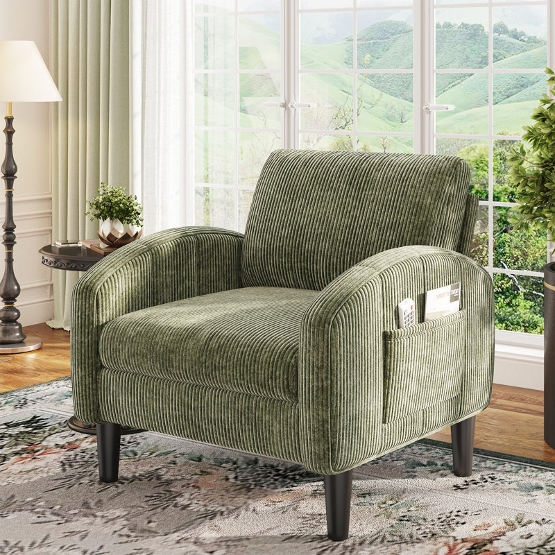 Mid-century Modern Accent Chair With Side Pockets, Corduroy Upholstery, Green