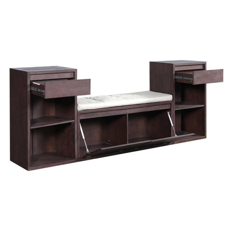 Banc de rangement tout-en-un avec coussin, compartiments, tiroirs et tablettes ouvertes, banc de rangement, Espresso