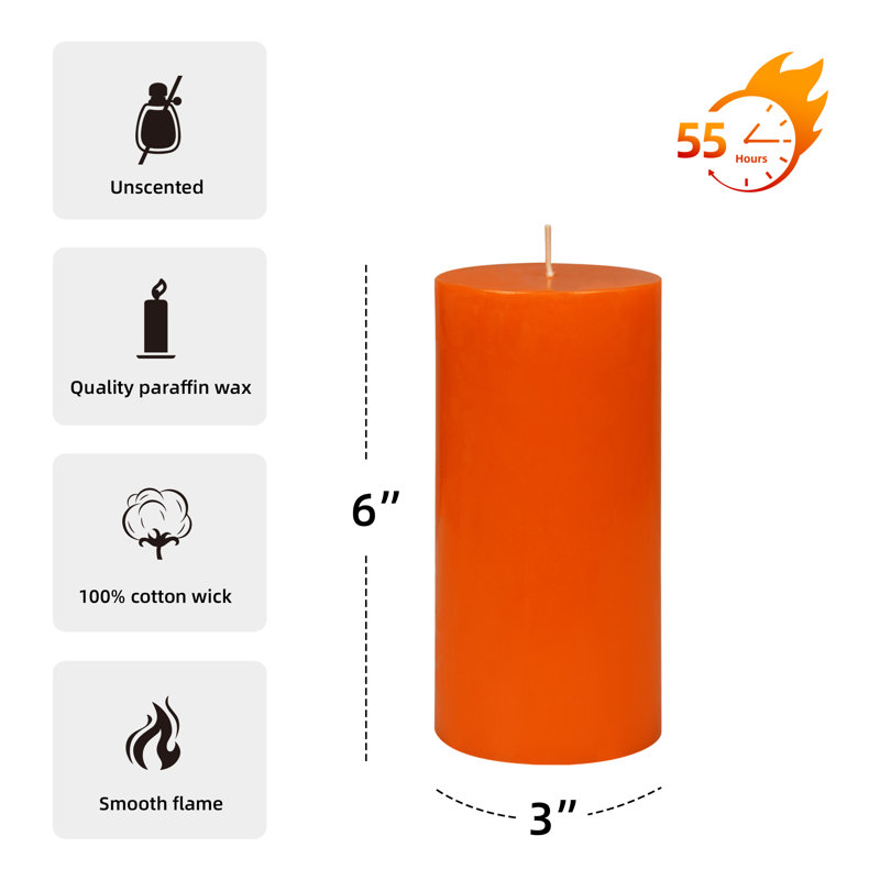 Unscented Pillar Candle, Orange, 6" H x 3" Diameter, 1 Candle