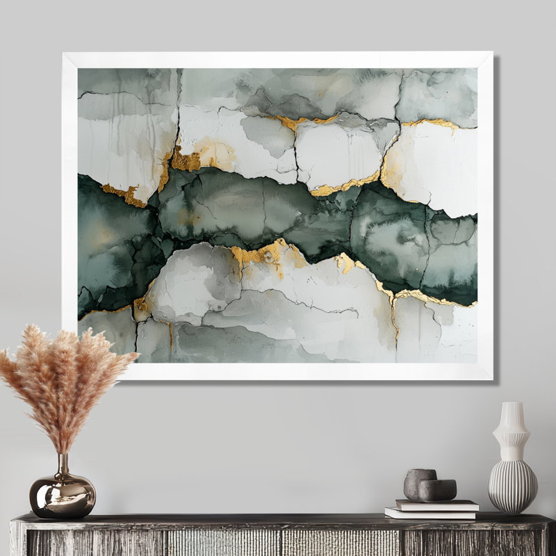 Blanc et gris «Silence of Perception II» - Art mural abstrait minimaliste, H 16 po x l 32 po, Cadre simple, Blanc