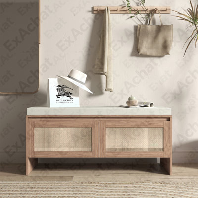 Banc de rangement en PP avec coussin, armoire à chaussures en faux rotin avec 2 portes, siège d'entrée en bois de style Mid-Century moderne, pour chambre à coucher, couloir, vestibule, finition naturelle
