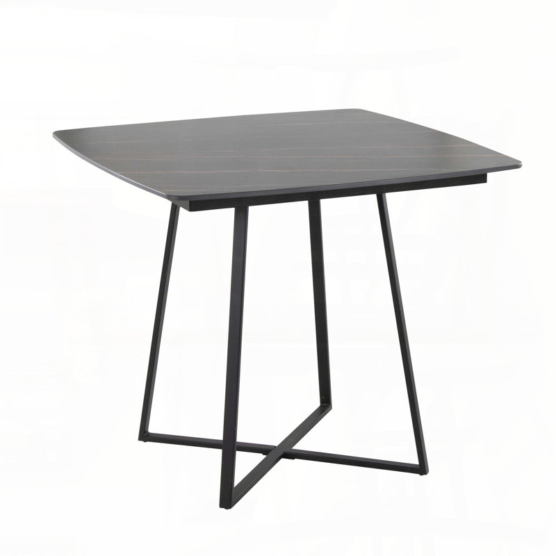 Table de salle à manger avec base en métal noir et plateau en céramique effet marbre noir, Plateau noir / base noire
