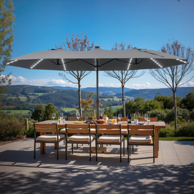 15 Ft Solar Lighted Outdoor Umbrella With Base, Fiberglass Ribs