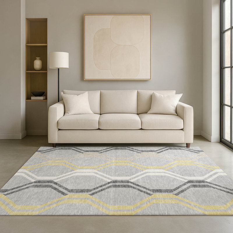 Tapis de qualité supérieure Mid-Century moderne lavable à la machine Premium Mayfield AMF2326, Argent, 9 pi x 12 pi