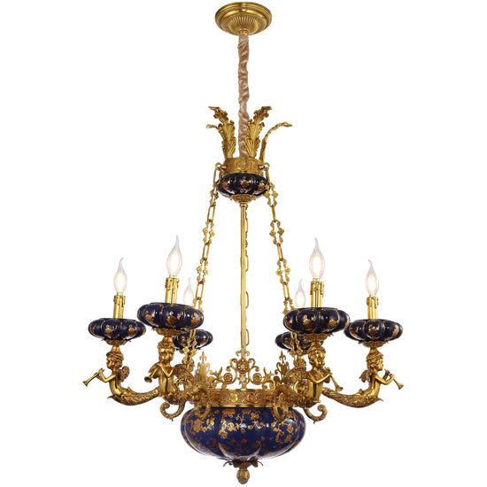 Louis XVI Style Cherub Chandelier with Brass-Porcelain Floral Design
