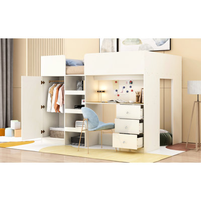 Lit mezzanine en bois avec rangement, bureau et garde-robe beige - Bureau écoénergétique, doux au toucher