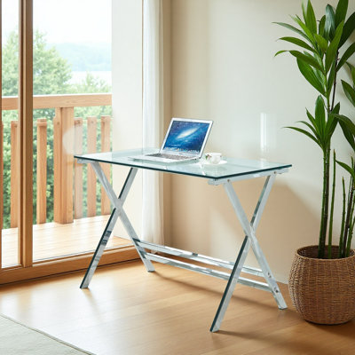 Bureau d'ordinateur en verre, table d'ordinateur portable en verre trempé transparent avec bureaux à bords arrondis, table de canapé