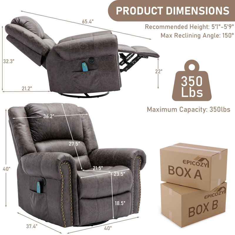  Manual Massage Swivel Rocker Recliner With Heat And Vibration, 360° Swivel Glider Rocking Recliner Chair, Classic Living Room Lounge Recliners With Side Pockets & Usb Ports, Gray