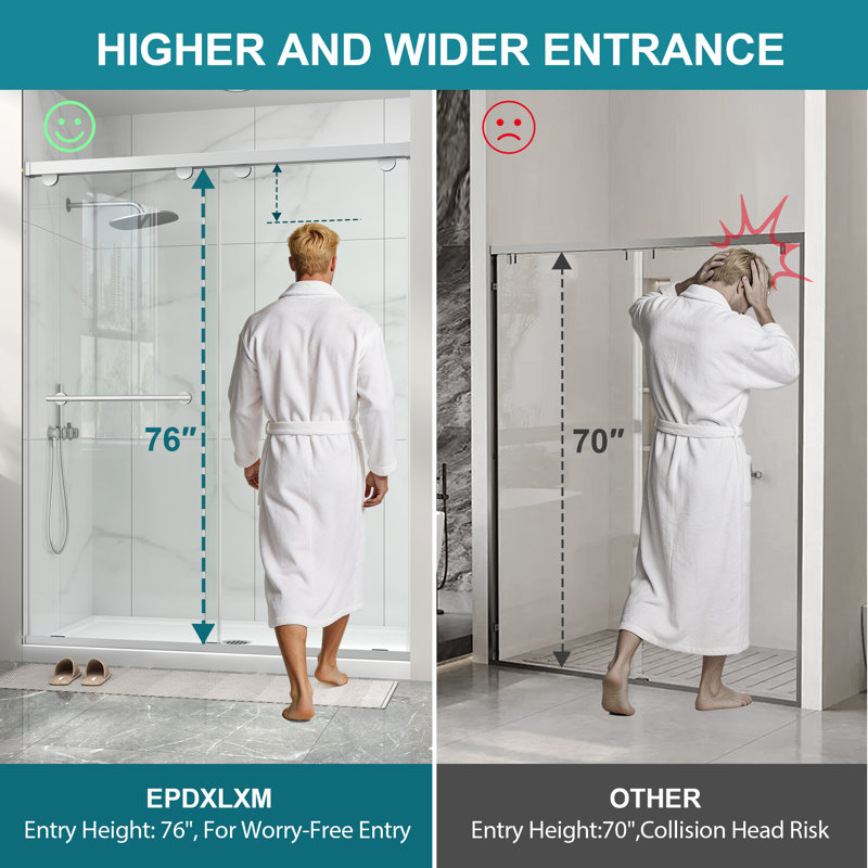 49"-54" W x 76" H Double Sliding Semi-Frameless Shower Door in Brushed Nickel with 5/16" (8mm) Clear Tempered Glass, Aluminum Frame