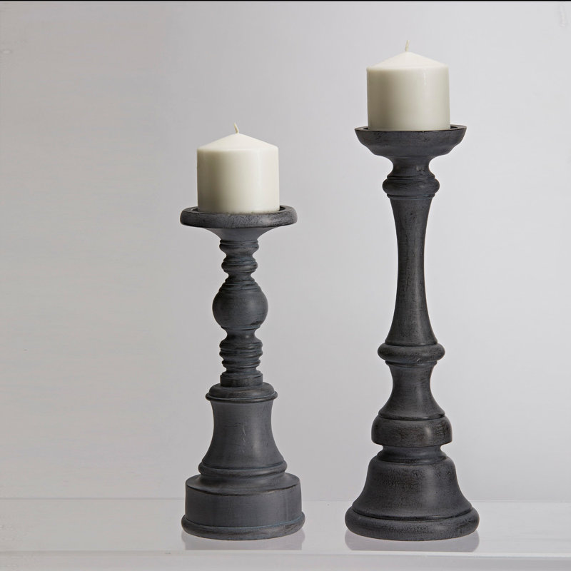 2 Piece Dark Charcoal Gray Manufactured Wood Candlestick Set