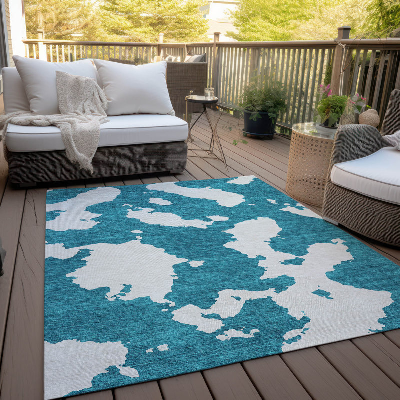 Teal Abstract Rectangular Washable Synthetic Indoor/Outdoor Rug 3' x 5'