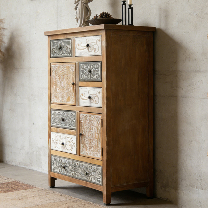 Grande armoire d'appoint vintage en bois avec 6 tiroirs et 2 portes