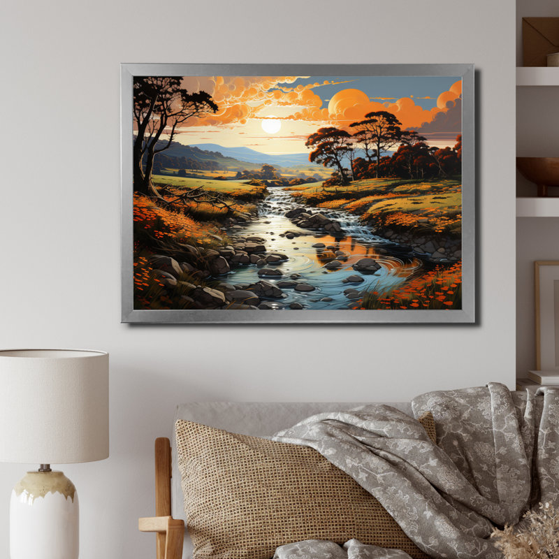 «Countryside River Bend Patchwork I», reproduction d'art sur toile, H 16 po x l 32 po x P 1 po, Cadre simple argenté