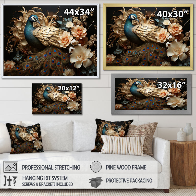 Ornement de fleur de paon classique rétro I - art mural paon, Cadre doré simple, H 30 po x l 40 po x P 1,5 po