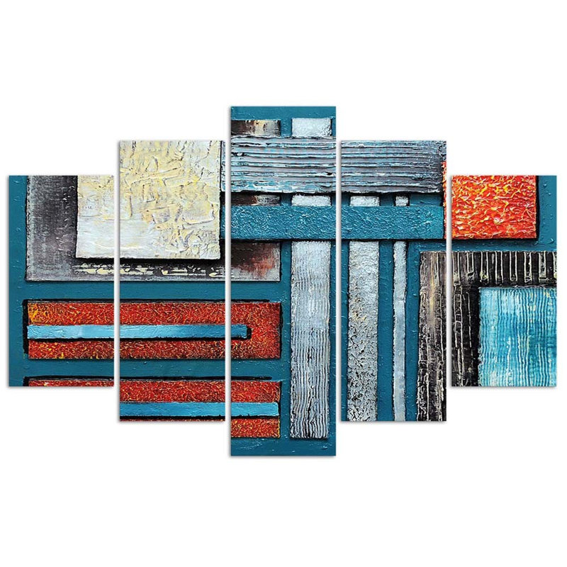 Abstract Turquoise And Red - 5 Piece No Frame Print on Canvas, 70cm H x 100cm W
