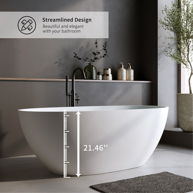 Baignoire de 59 po à surface solide matte, baignoire de trempage à surface solide, baignoire autoportante en résine de pierre, baignoires autoportantes à rebord épais avec trop-plein, bonde escamotable, blanc mat (ovale)