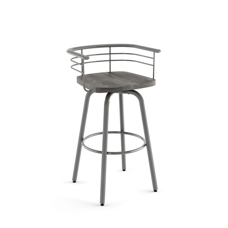 Friedell Solid Wood Swivel Counter & Bar Stool, Glossy Gray Metal, Gray Wood, Bar Stool (29" Seat Height)