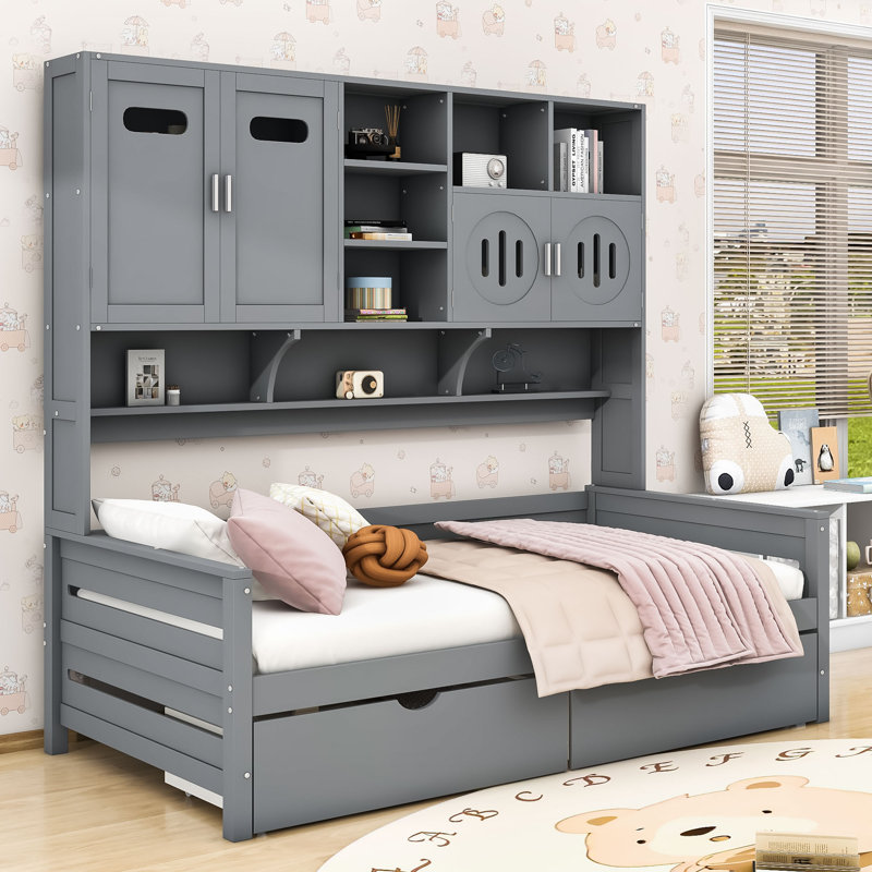 Lit de jour en bois avec tablettes et 2 tiroirs, Gris, Lit simple
