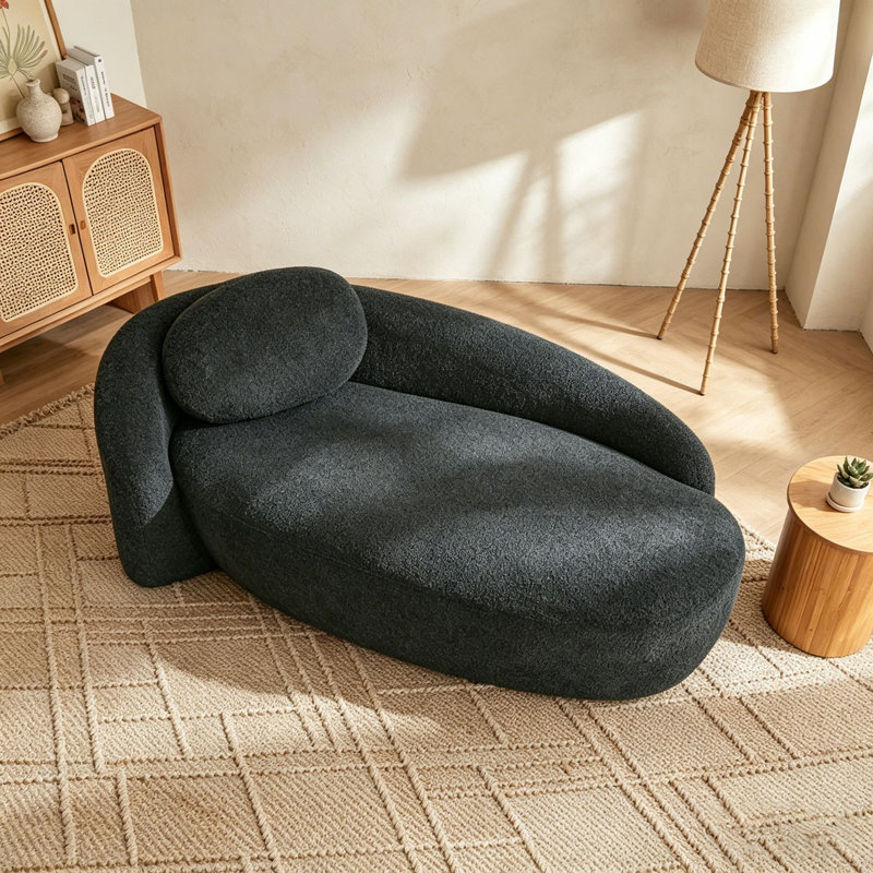 Modern Oval Single Lazy Sofa Chair Lounge Chaise with Integrated Backrest, Side Armrest and Pillow, Black