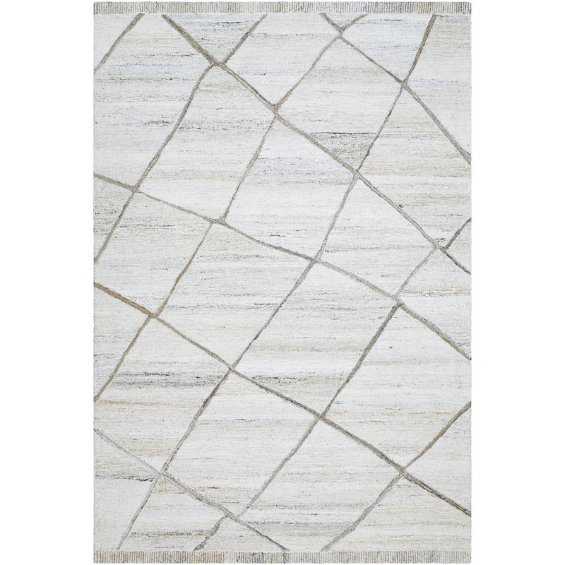 Tapis géométrique touffeté à la main rectangulaire en polyester gris clair Roze, Rectangle 5 pi x 7 pi 6 po